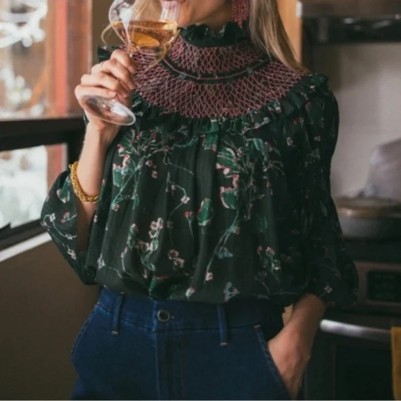 Tuckernuck Bouvier Blouse In Jaguar Garden Green And Pink Size Small - Picture 2 of 8